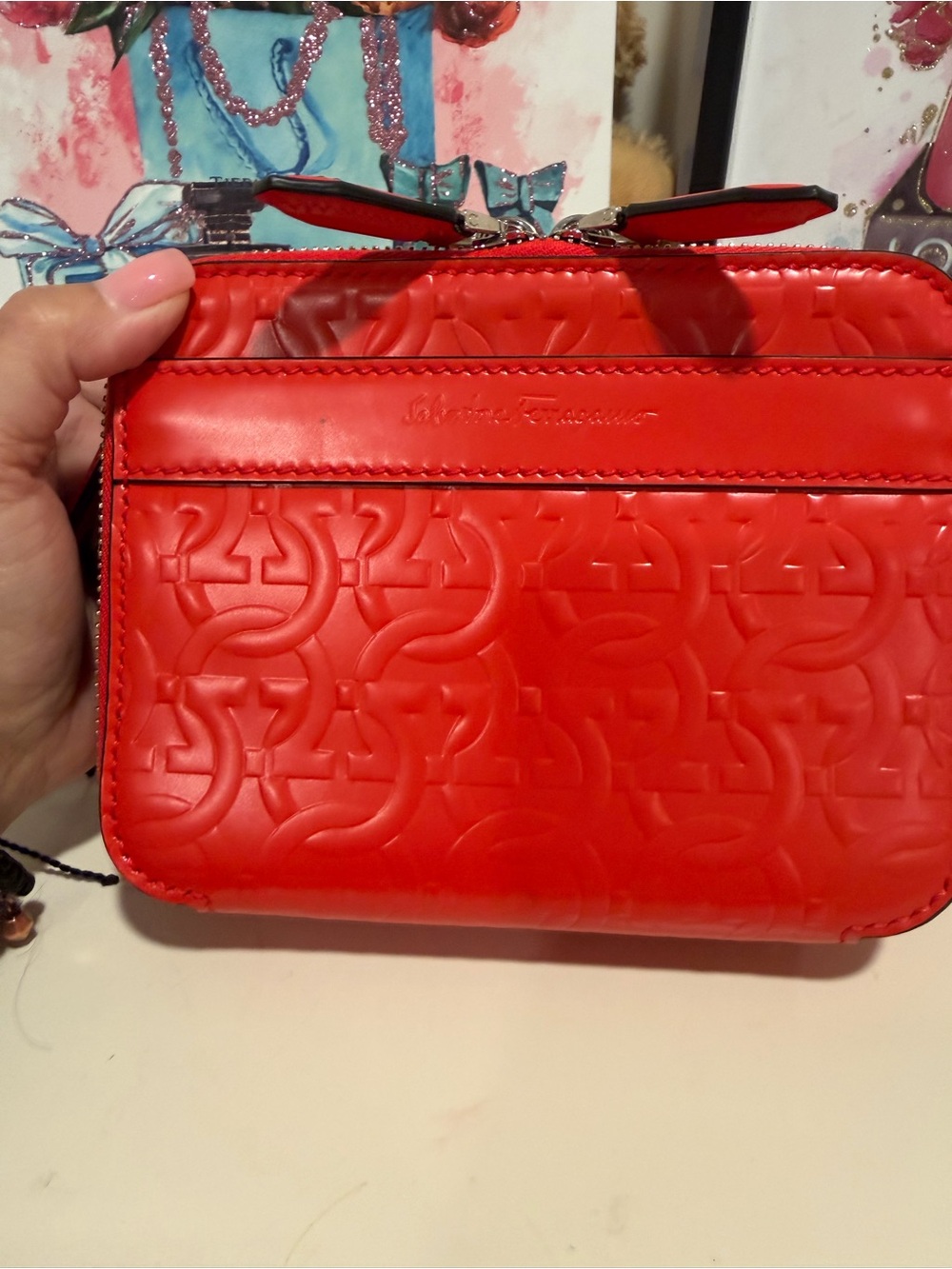 Salvatore Ferragamo Red Embossed Patent Leather Crossbody - Picture 12 of 13